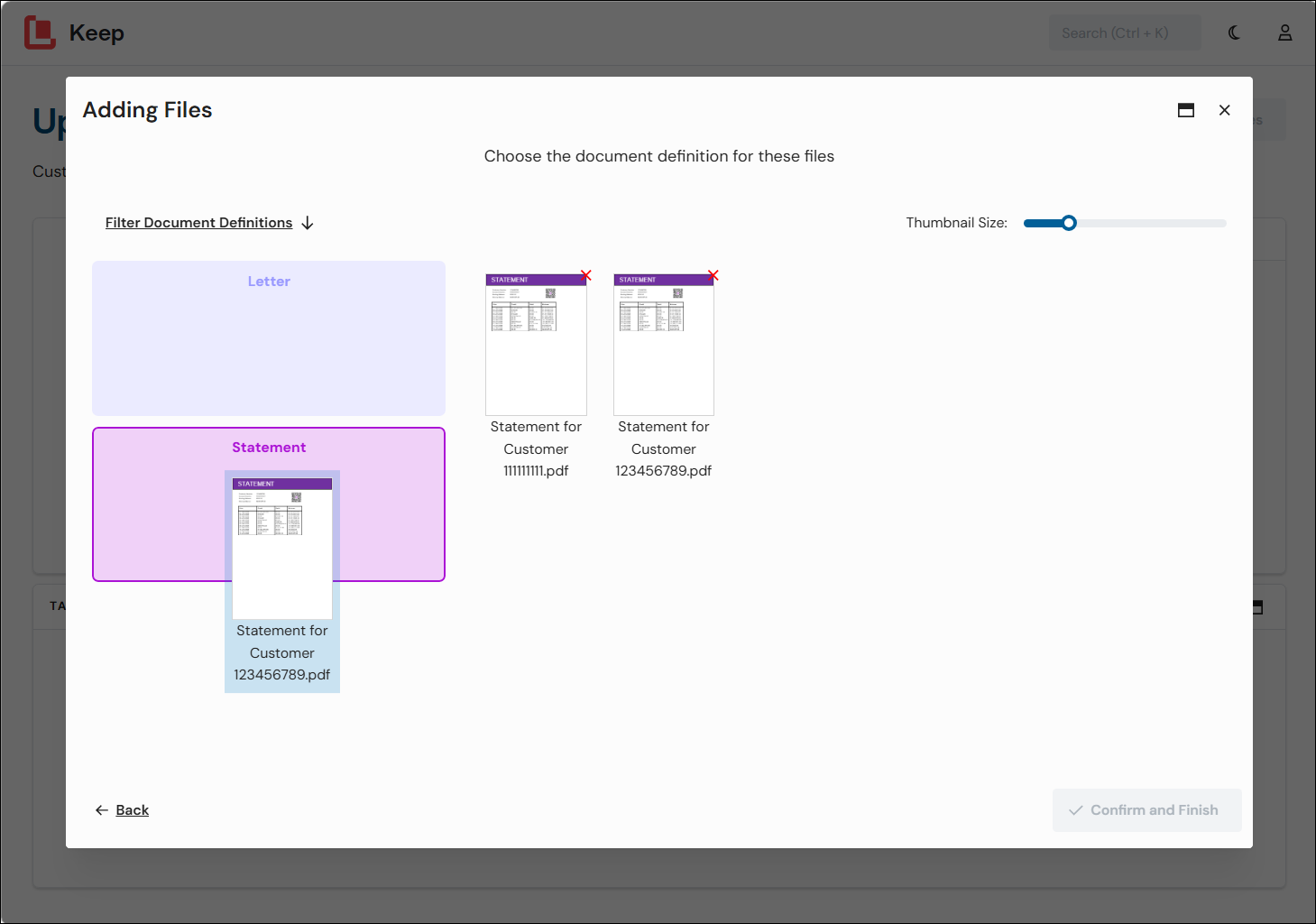 Dragging a file to a document definition in the Add Files window.